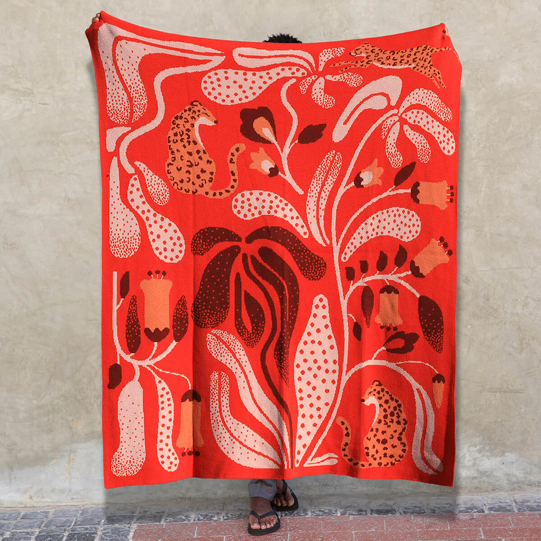 Merino Wool Red Garden Throw Blanket