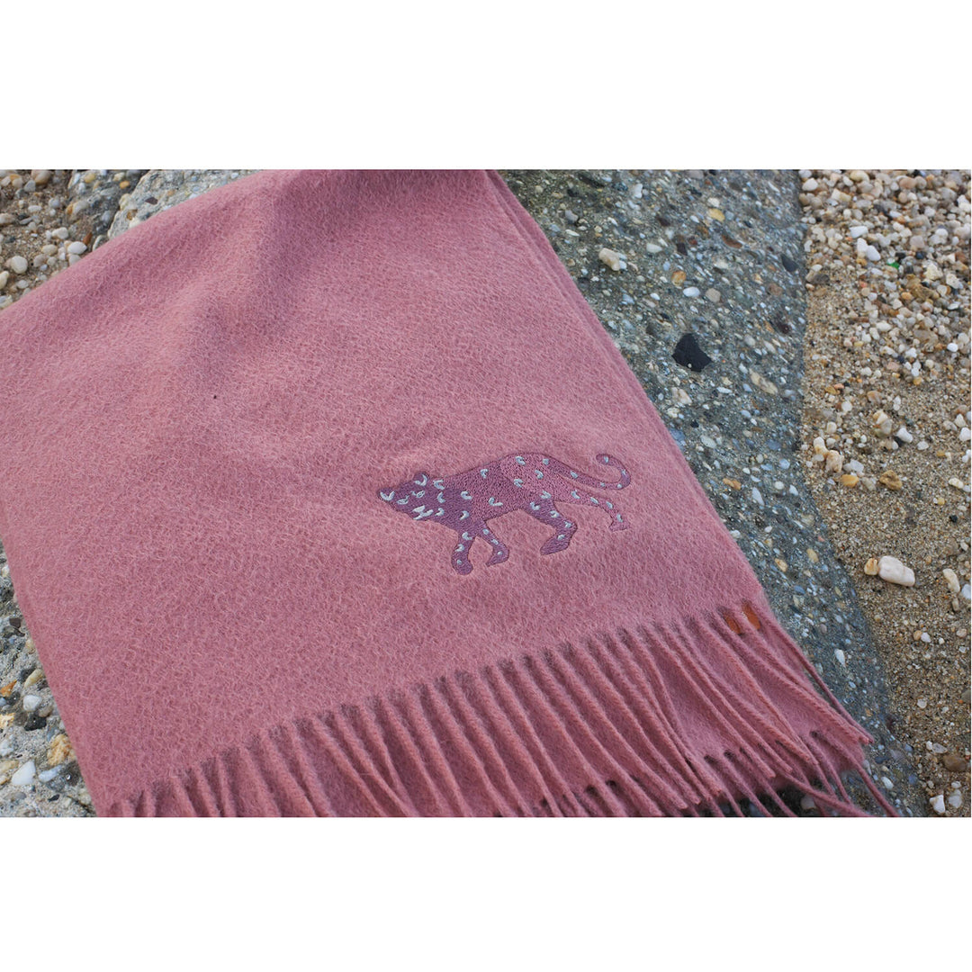 Cashmere Scarf With Leopard Embroidery - Dark Pink