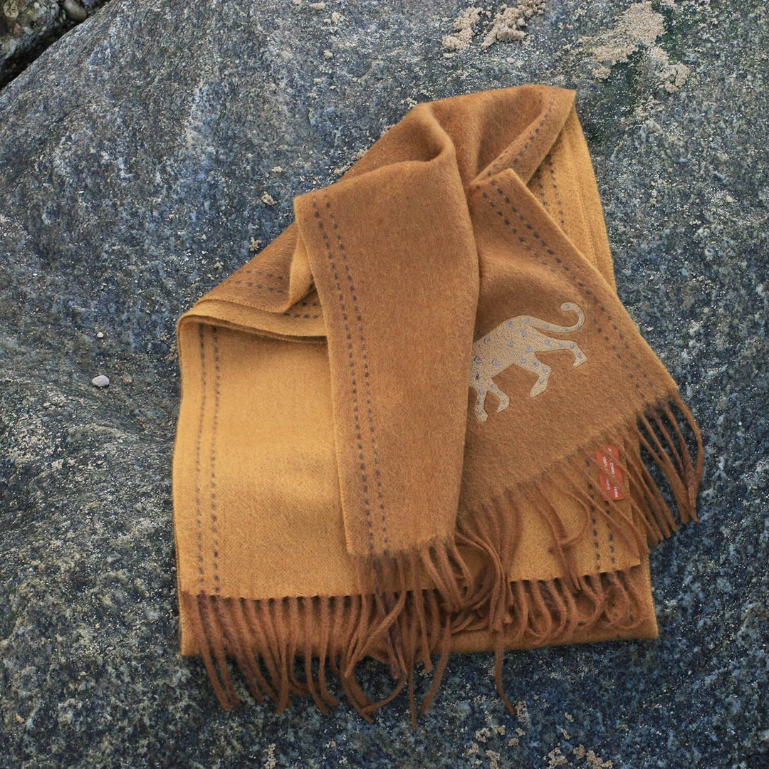 Double Face Scarf With Leopard Embroidery - Bronze