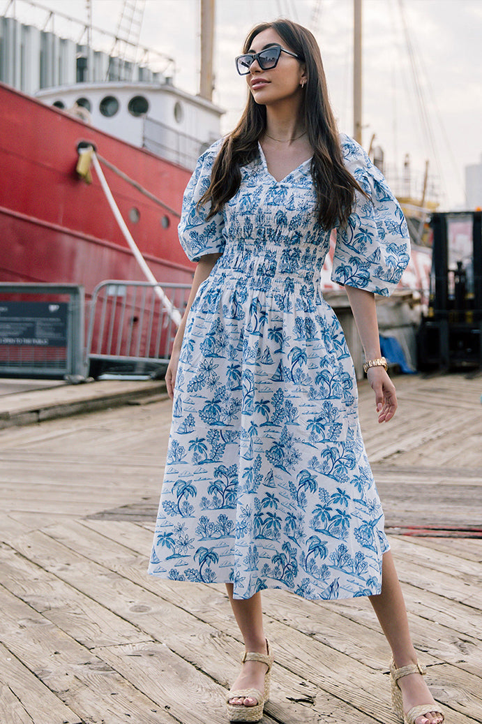 Leandra Blue Smocked V-Neck Midi Dress Leandra Blue Smocked V-Neck Midi Dress