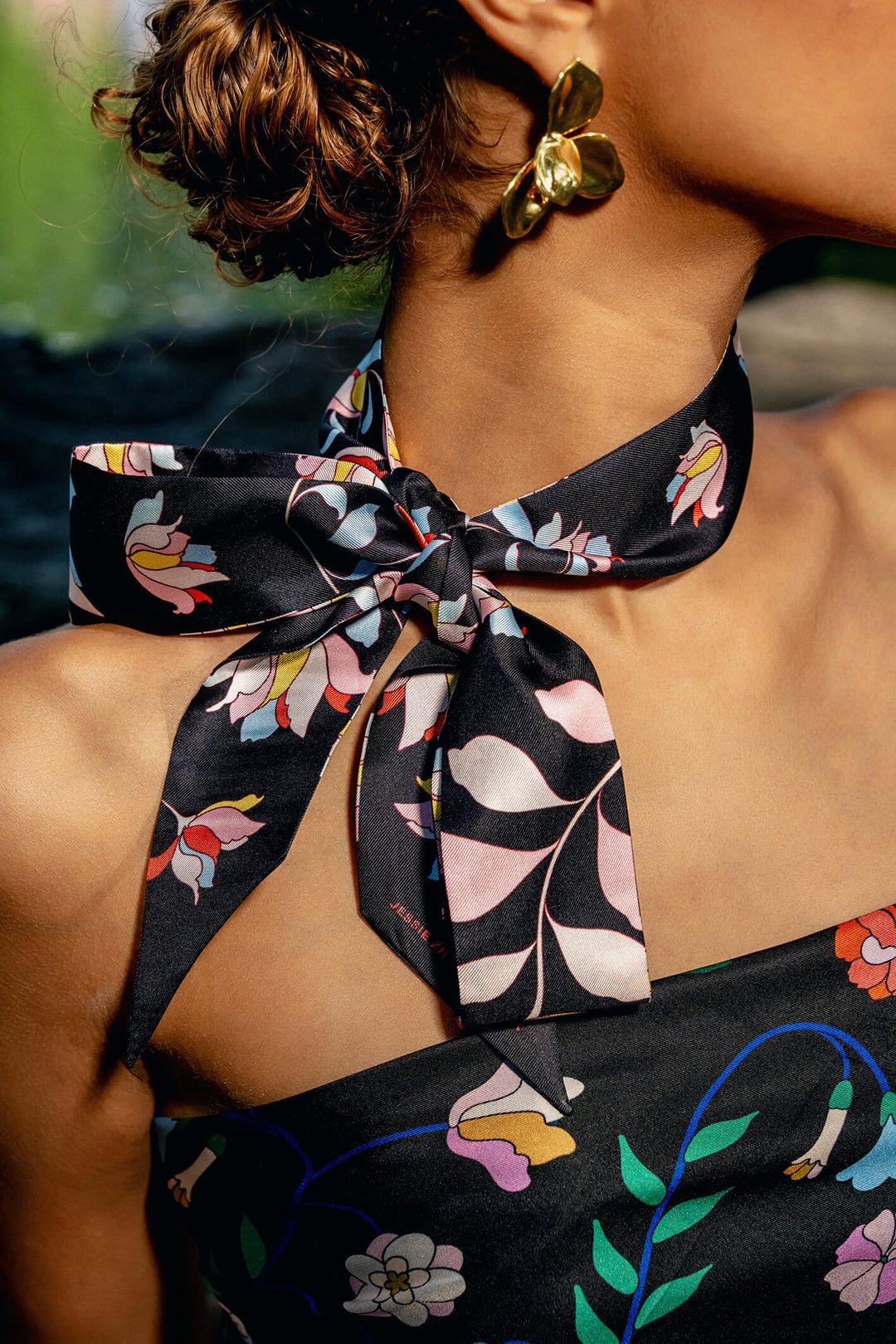 Silk Skinny Scarf Midnight Garden