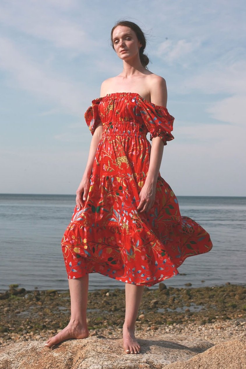 Red floral off the shoulder online dress