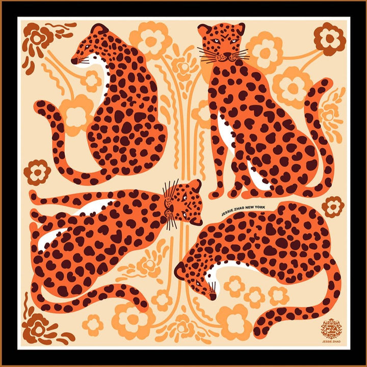 Silk Bandana Of Leopards With Floral Fountain