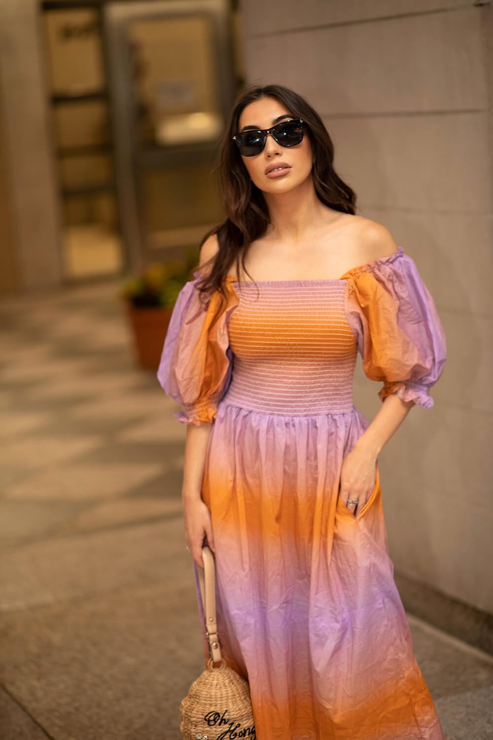 Sunset Purple Orange Smocked Midi Dress