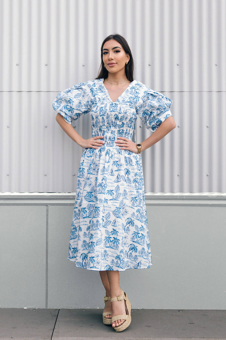 Leandra Blue Smocked V-Neck Midi Dress