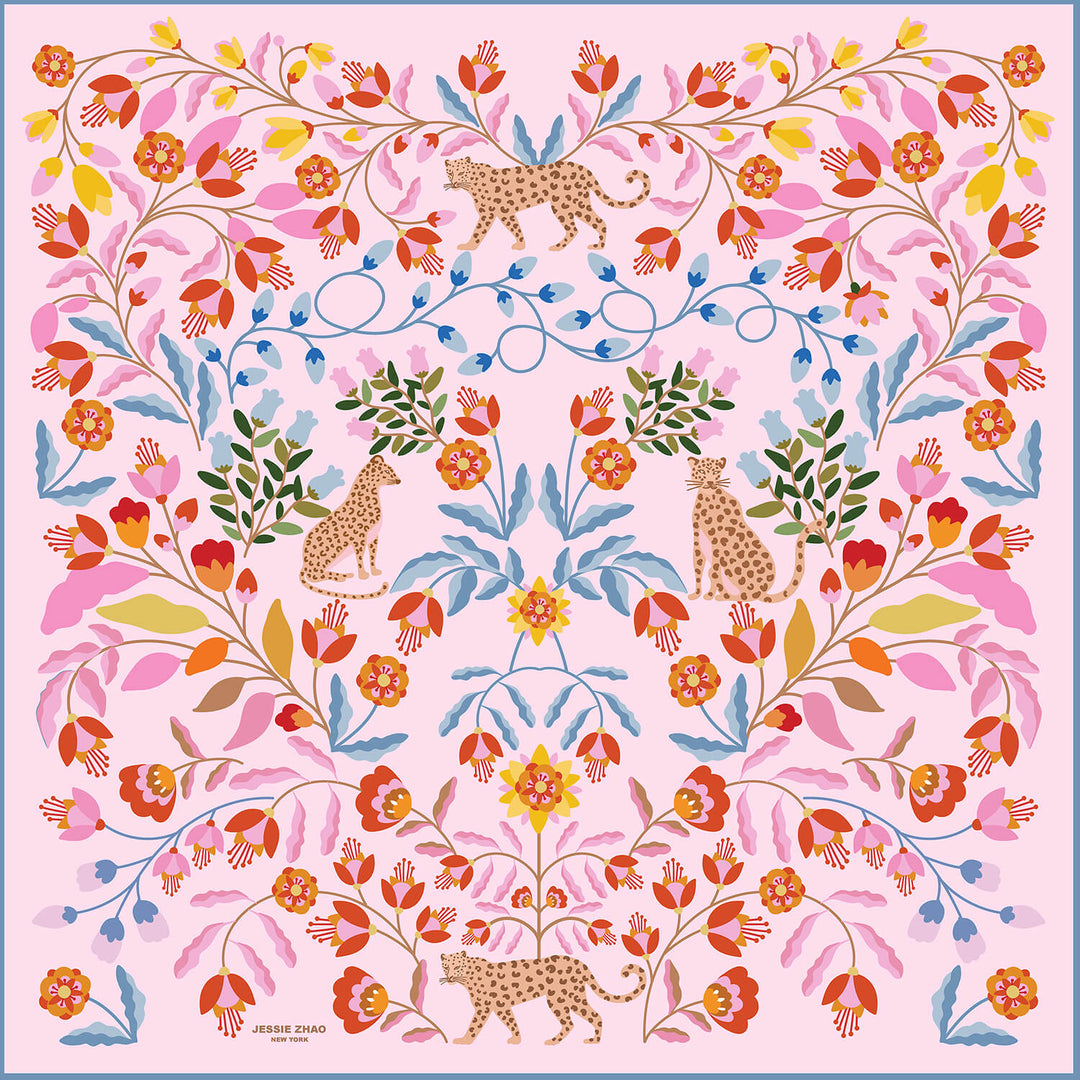 Double Sided Silk Scarf Of Pink Blossom Jungle