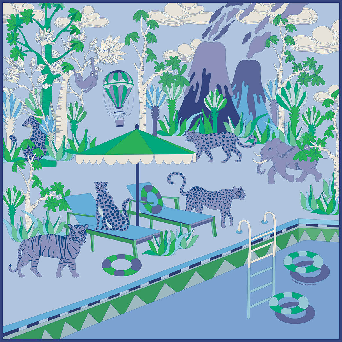 Double Sided Silk Scarf Jungle Party