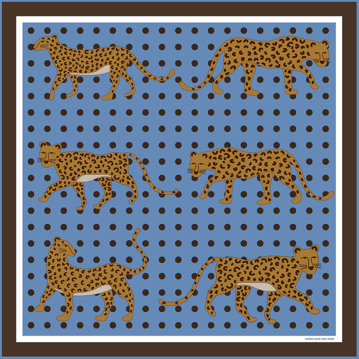 Double Sided Wool Silk Scarf Of Blue Leopards Garden