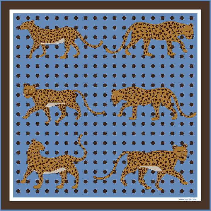 Double sided silk scarf of Blue Leopards Garden