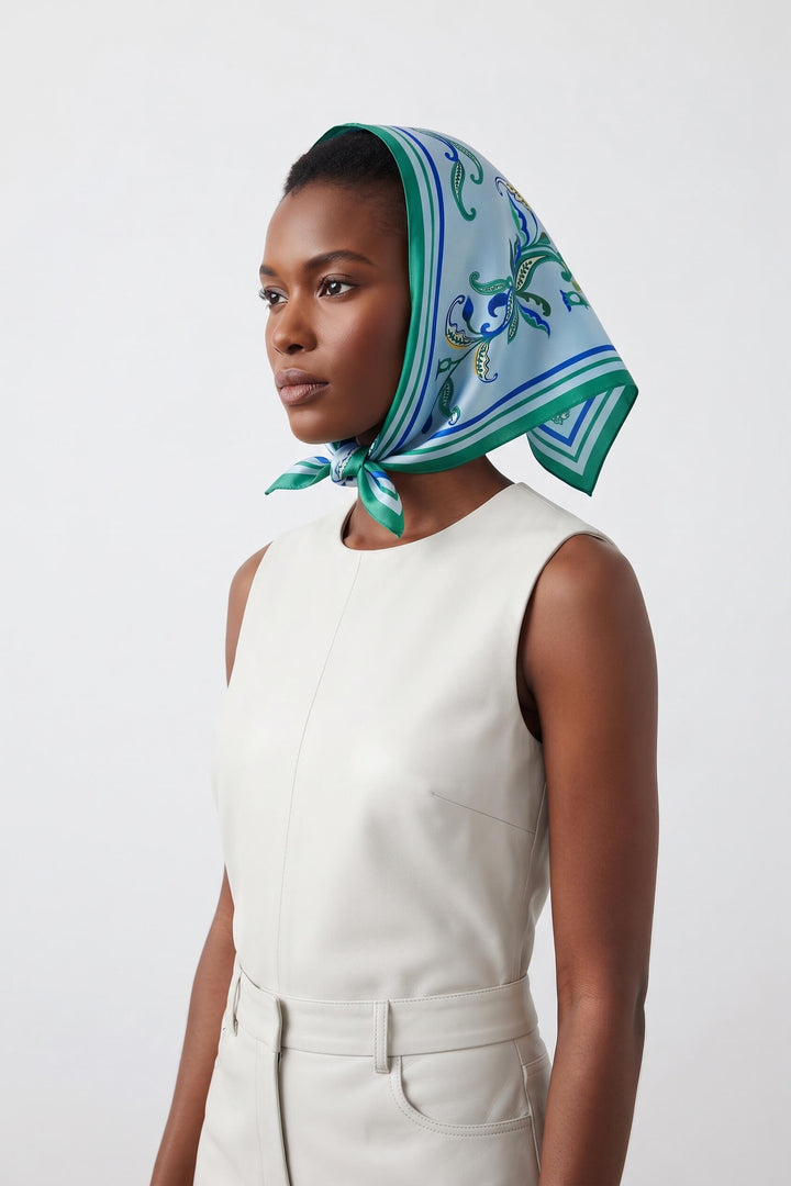 Aqua Paisley Triangle Silk Scarf