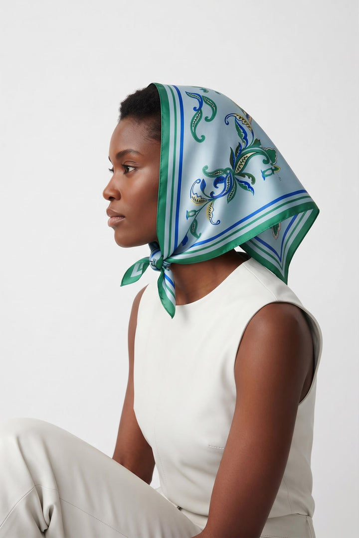Aqua Paisley Triangle Silk Scarf