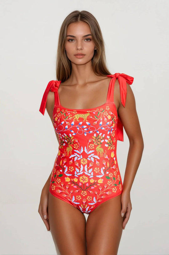 Red Rose Flower One Piece Swimsuite