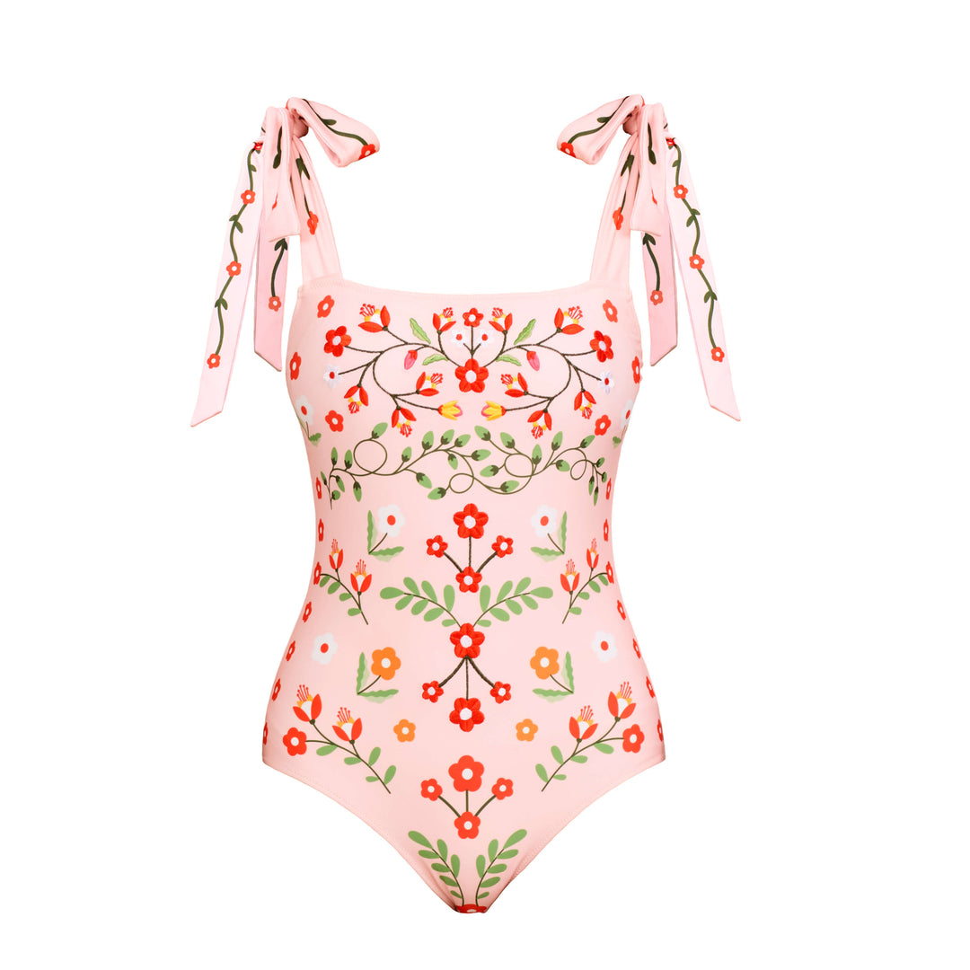 Pink Floral Harmony Embroidered Swimsuit