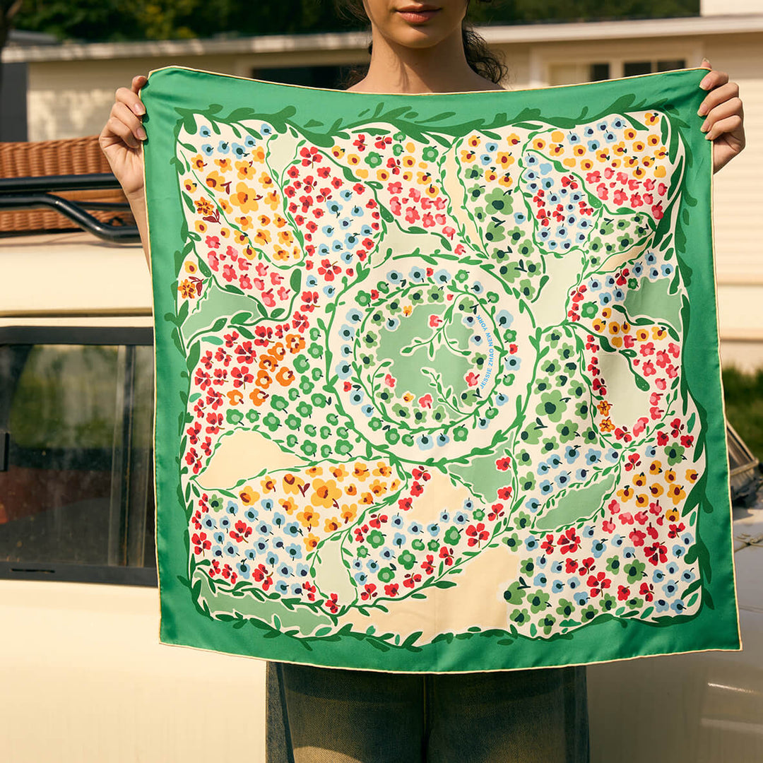 Double Sided Silk Scarf of Garden