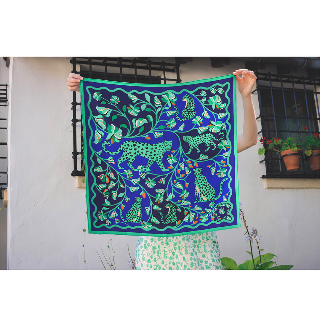Double Sided Silk Scarf Of Leopards In The Verdant Wild