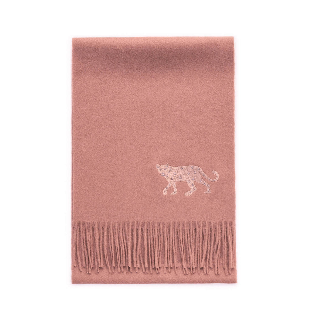 Cashmere Scarf Leopard Embroidery Coral
