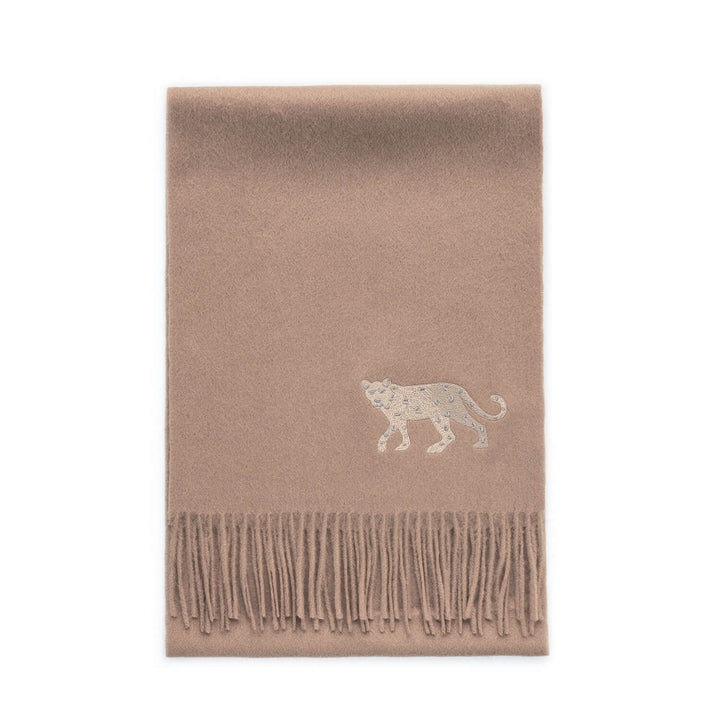 Cashmere Scarf With Leopard Embroidery - Beige