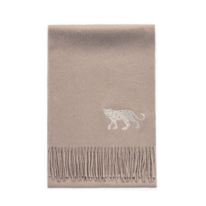 Cashmere Scarf With Leopard Embroidery - Oatmeal