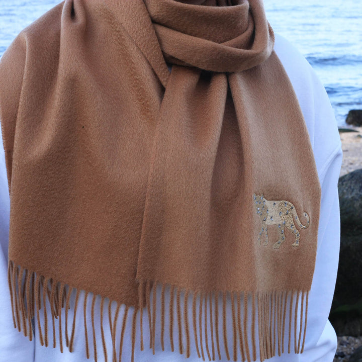 Cashmere Scarf With Leopard Embroidery - Camel