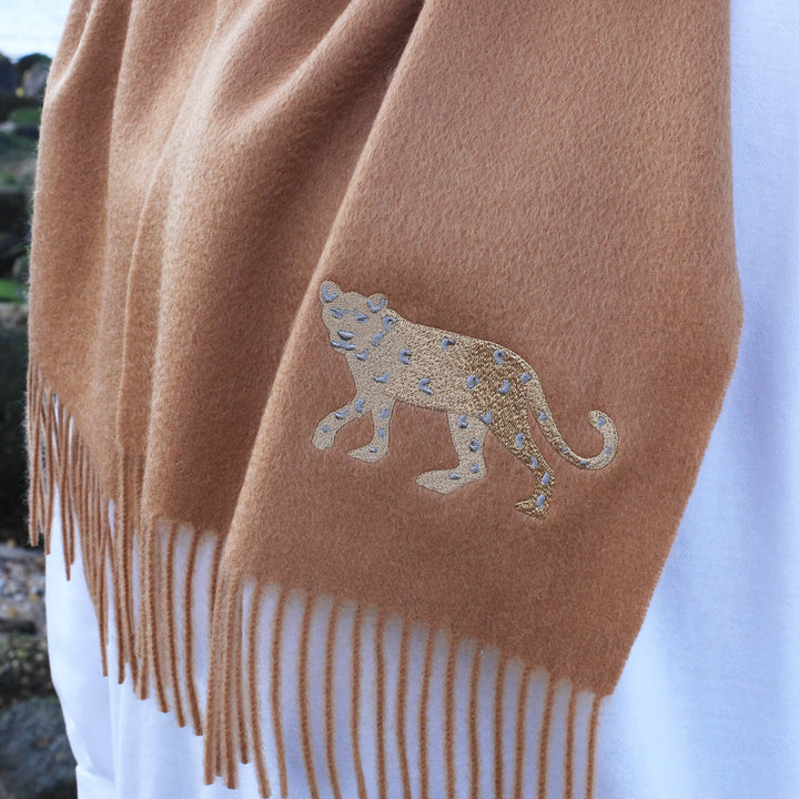 Cashmere Scarf With Leopard Embroidery - Camel