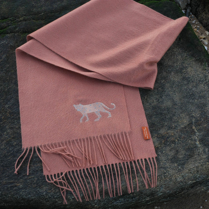 Cashmere Scarf With Leopard Embroidery - Coral Pink