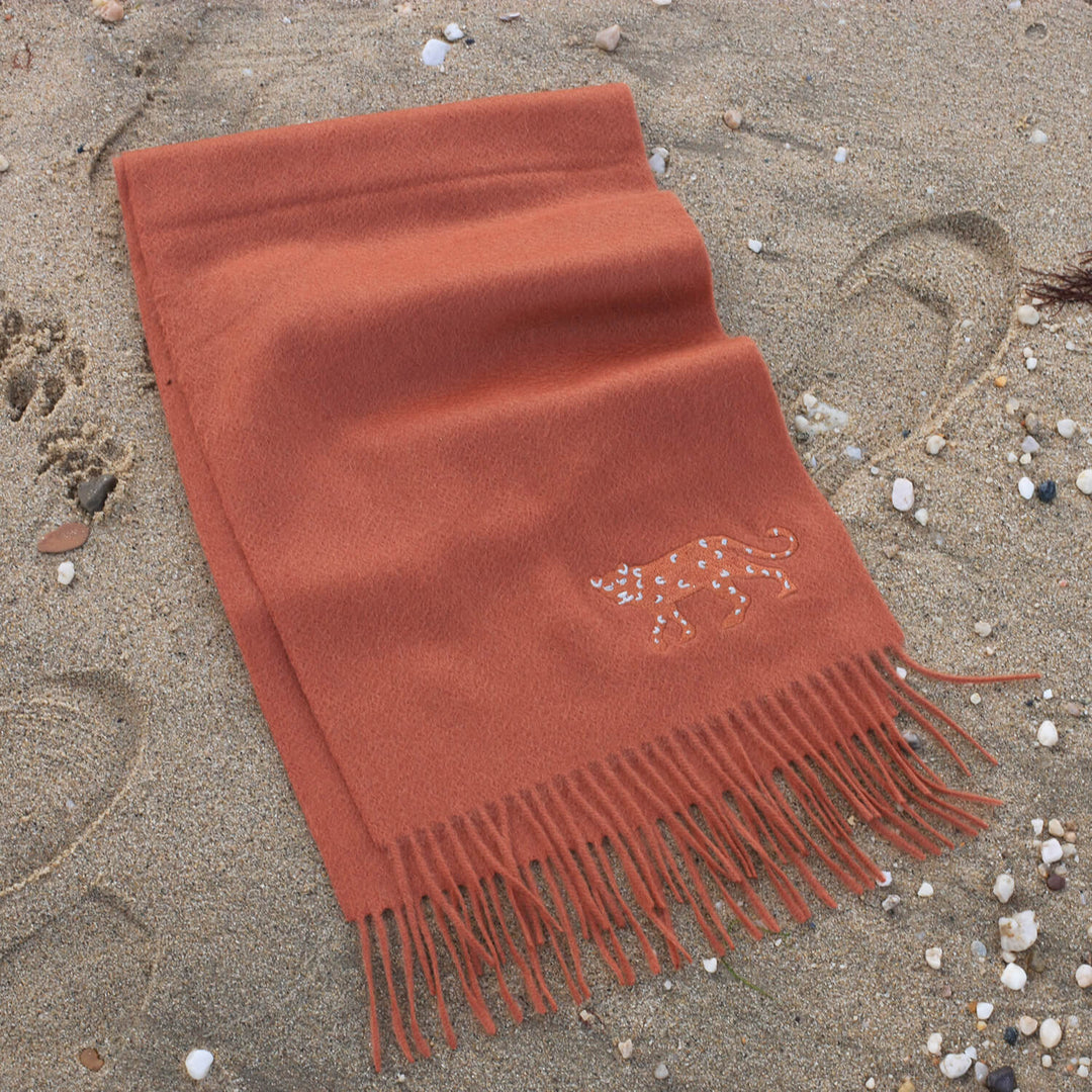 Cashmere scarf with Leopard embroidery - Brick Red
