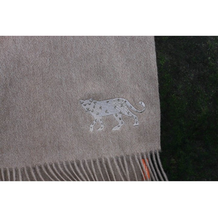 Cashmere Scarf With Leopard Embroidery - Oatmeal