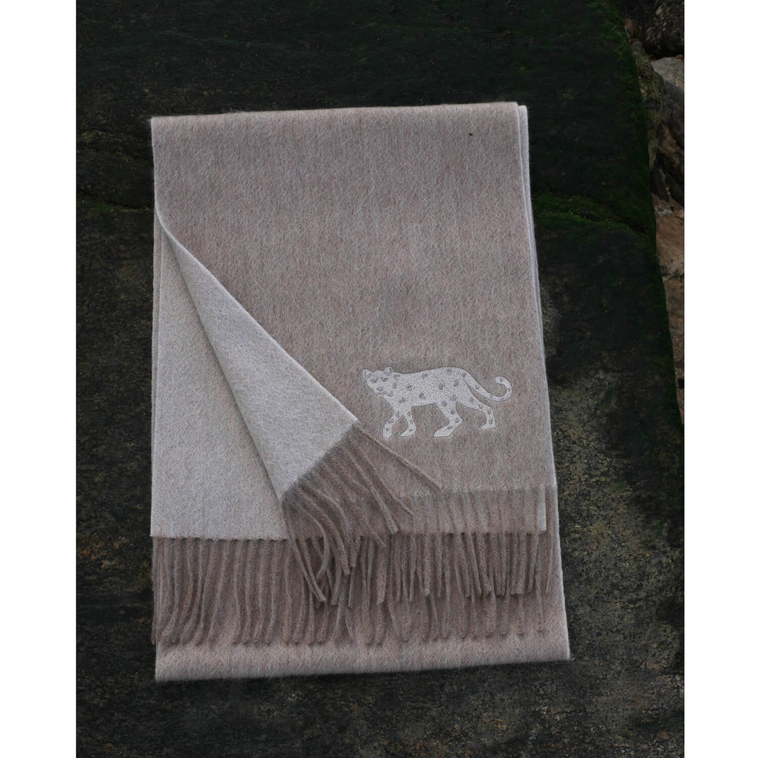 Double Face Scarf With Leopard Embroidery - Light Gray Heather