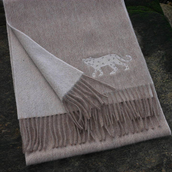 Double Face Scarf With Leopard Embroidery - Light Gray Heather