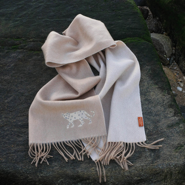Double Face Scarf With Leopard Embroidery - Camel Beige