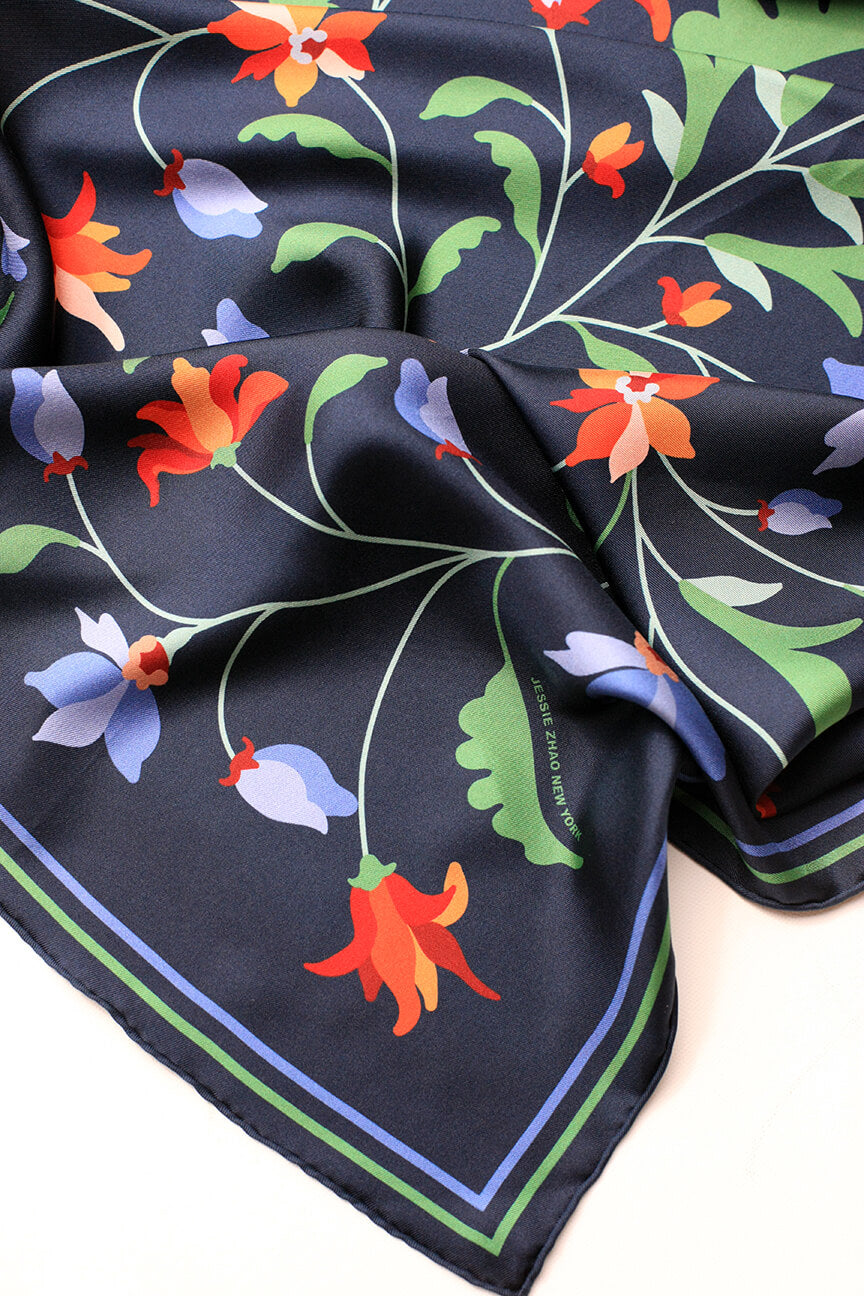 Navy Vine Double Sided Silk Scarf