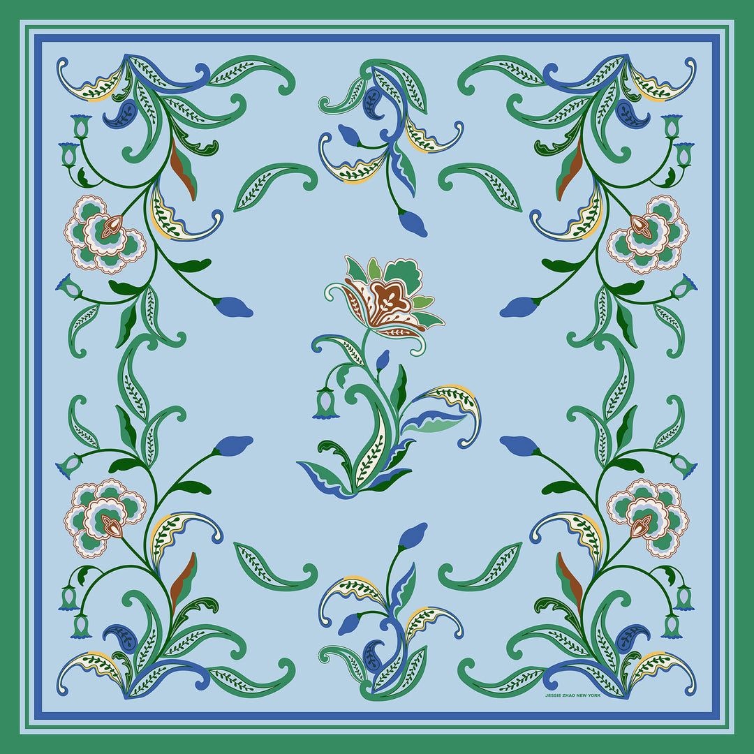 Aqua Paisley Double Sided Silk Scarf