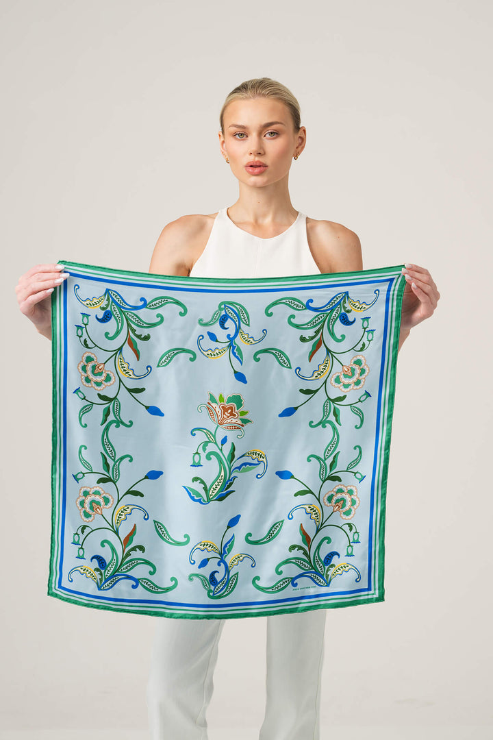 Aqua Paisley Double Sided Silk Scarf