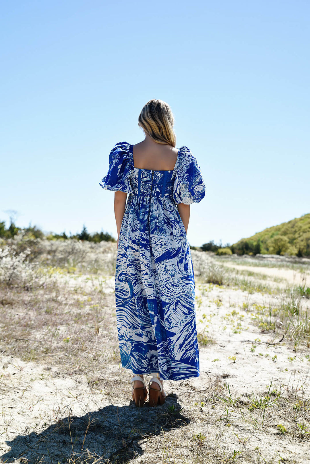Blue Printmaking Square-Neck Cotton Midi Dress
