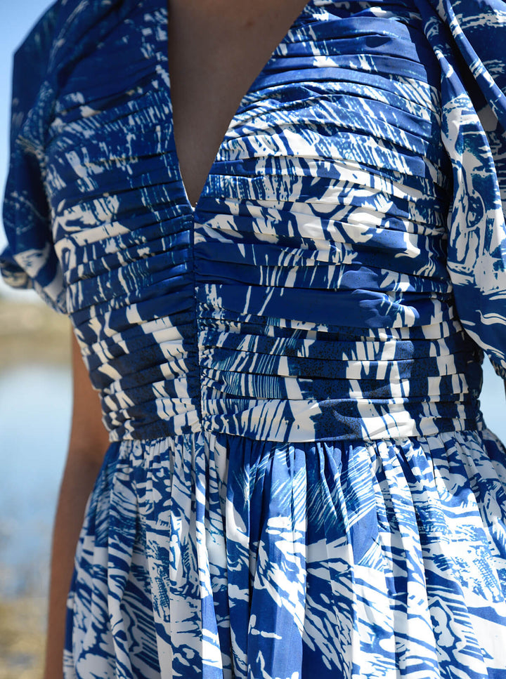 Blue Printmaking Taffeta Midi Dress