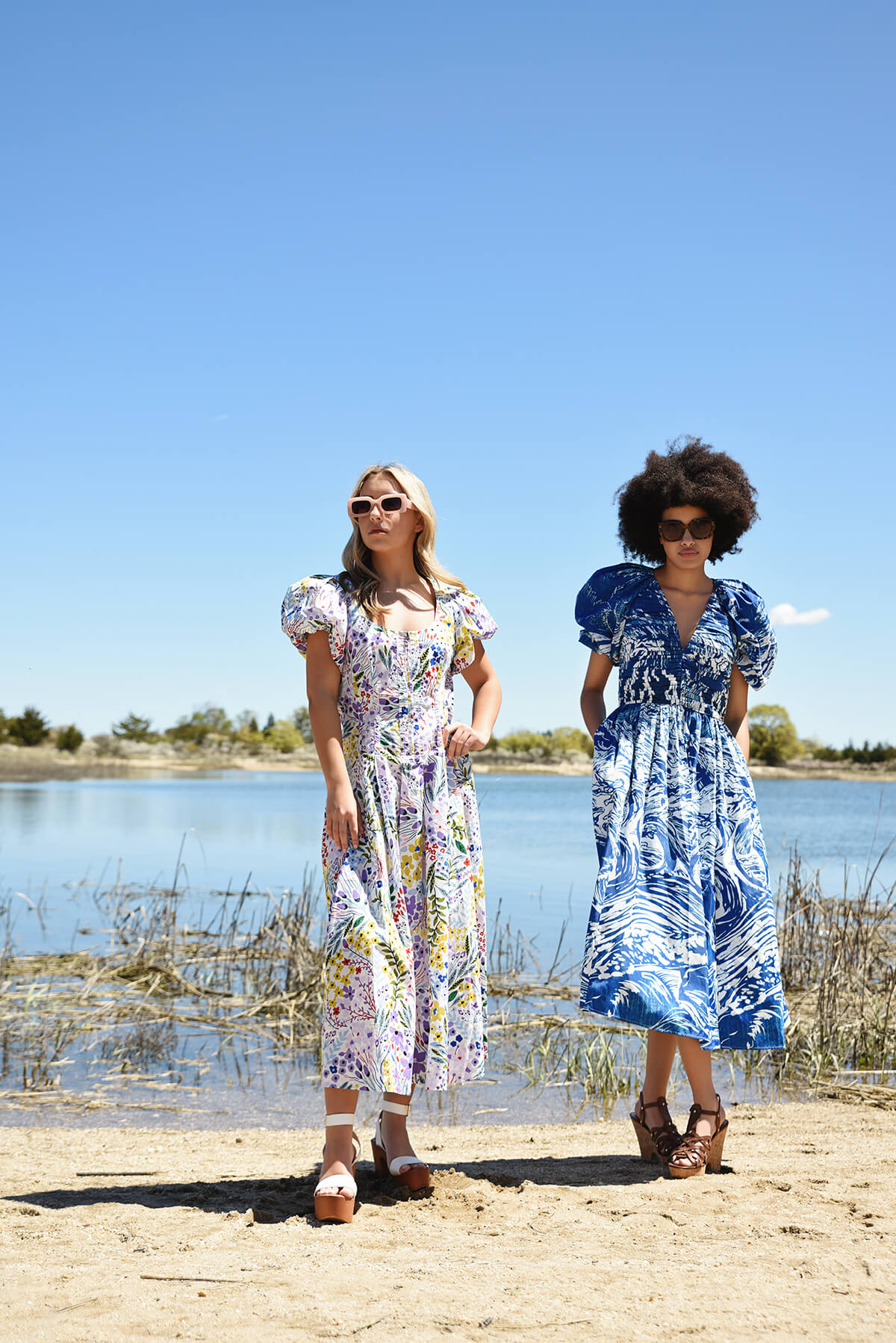 Blue Printmaking Taffeta Midi Dress