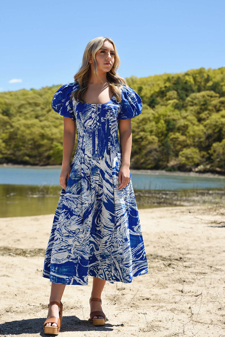 Blue Printmaking Scoop Neck Cotton Midi Dress