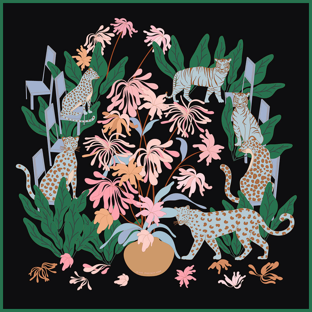 シュノイヤー「セレブレーション」シルクスクリーン Double Sided Silk Scarf Night Jungle Gathering