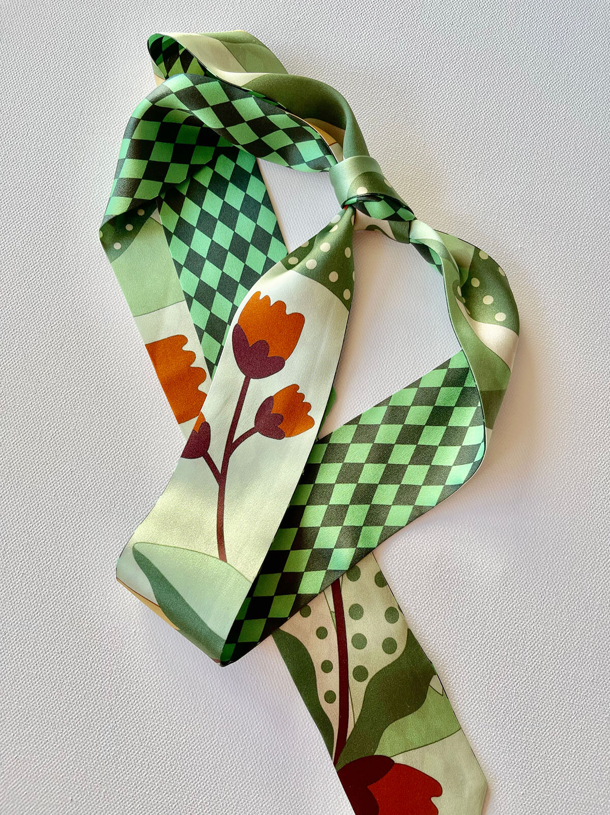 【関税込み】 Printed Silk Twill Skinny Scarf Double-Sided Portuguese Tiles Print Silk Twill Skinny Scarf