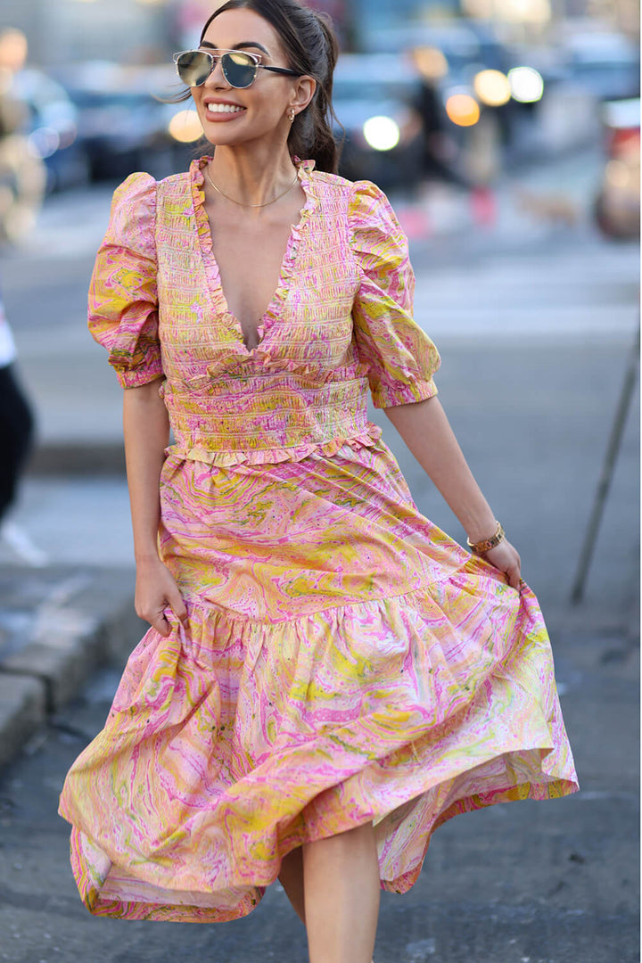 Astrid Marble Smocked Midi Dress