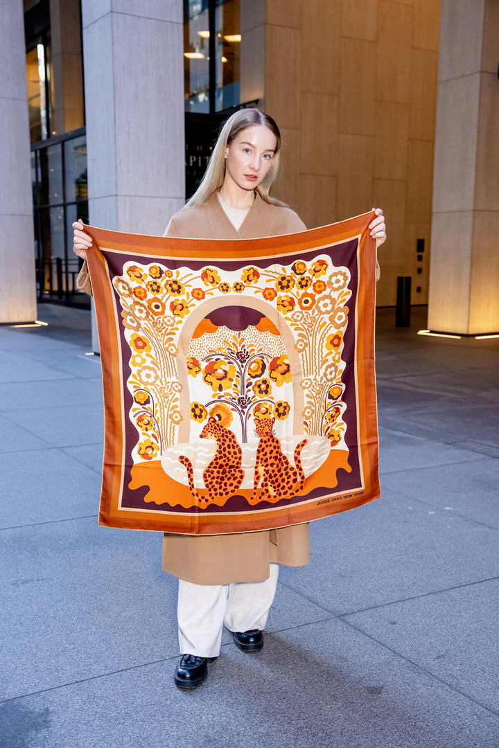 Double Sided Wool Silk Scarf Of Leopards With Floral Fountain