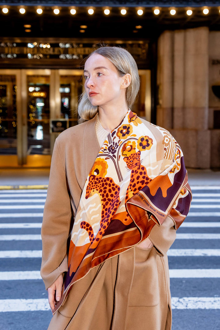 Double Sided Wool Silk Scarf Of Leopards With Floral Fountain