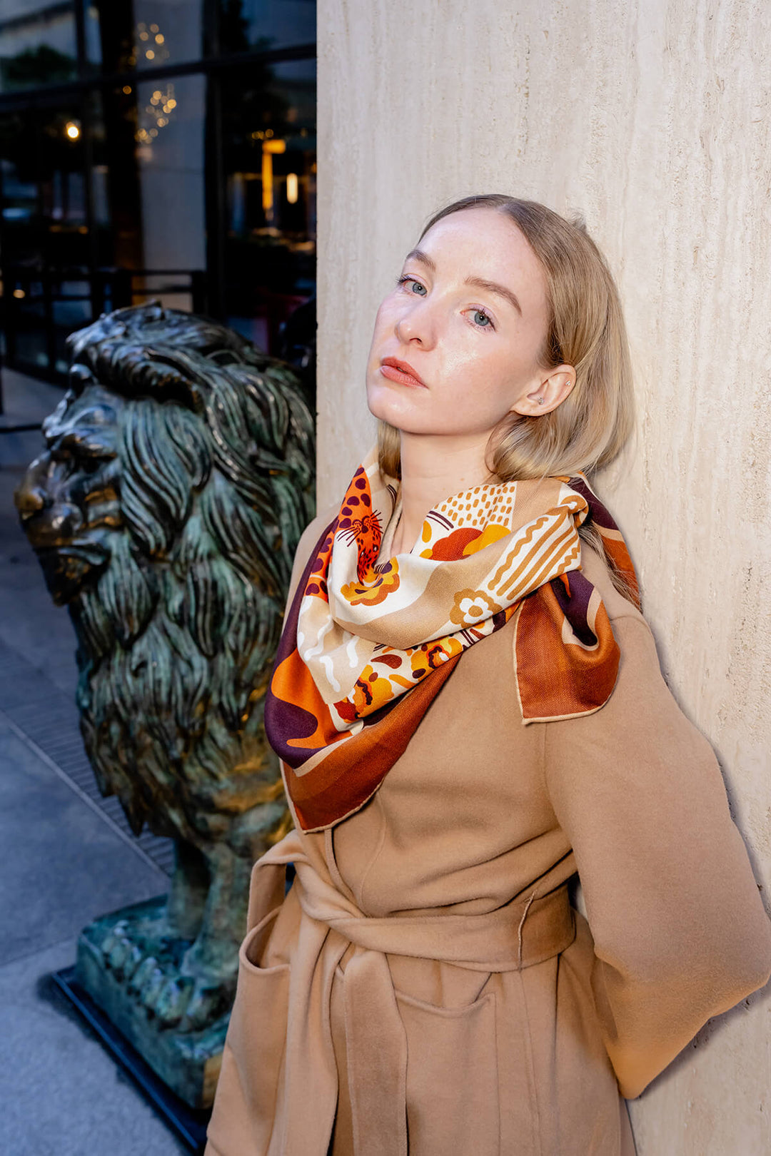 Double Sided Wool Silk Scarf Of Leopards With Floral Fountain