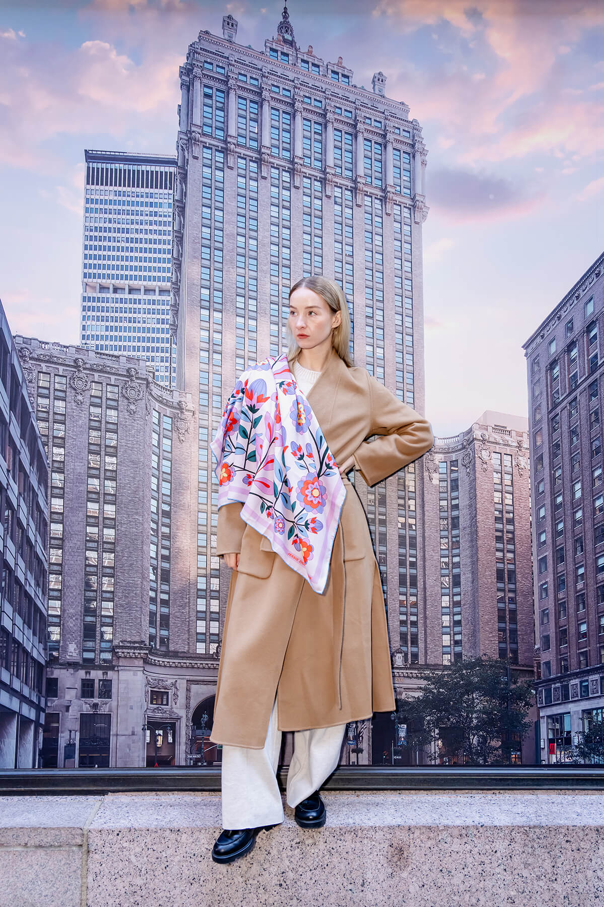 Double Sided Wool Silk Scarf Of Pink Garden