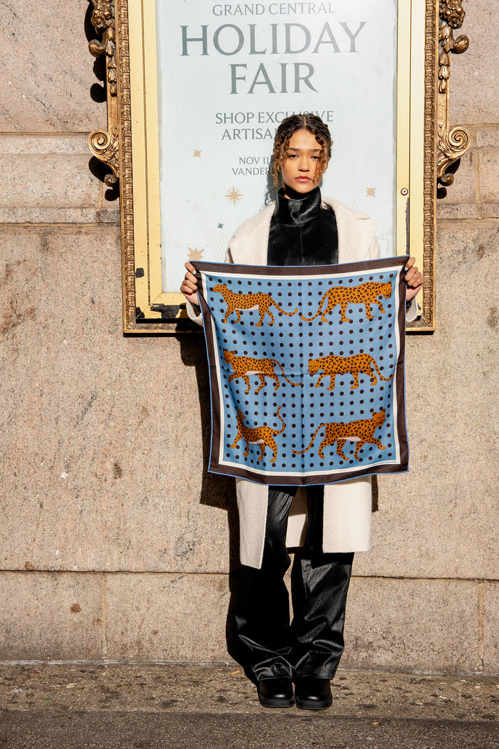 Double Sided Wool Silk Scarf Of Blue Leopards Garden