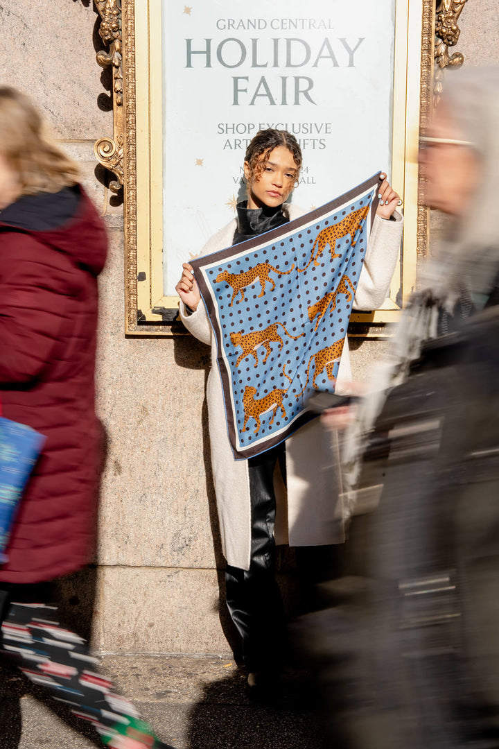 Double Sided Wool Silk Scarf Of Blue Leopards Garden