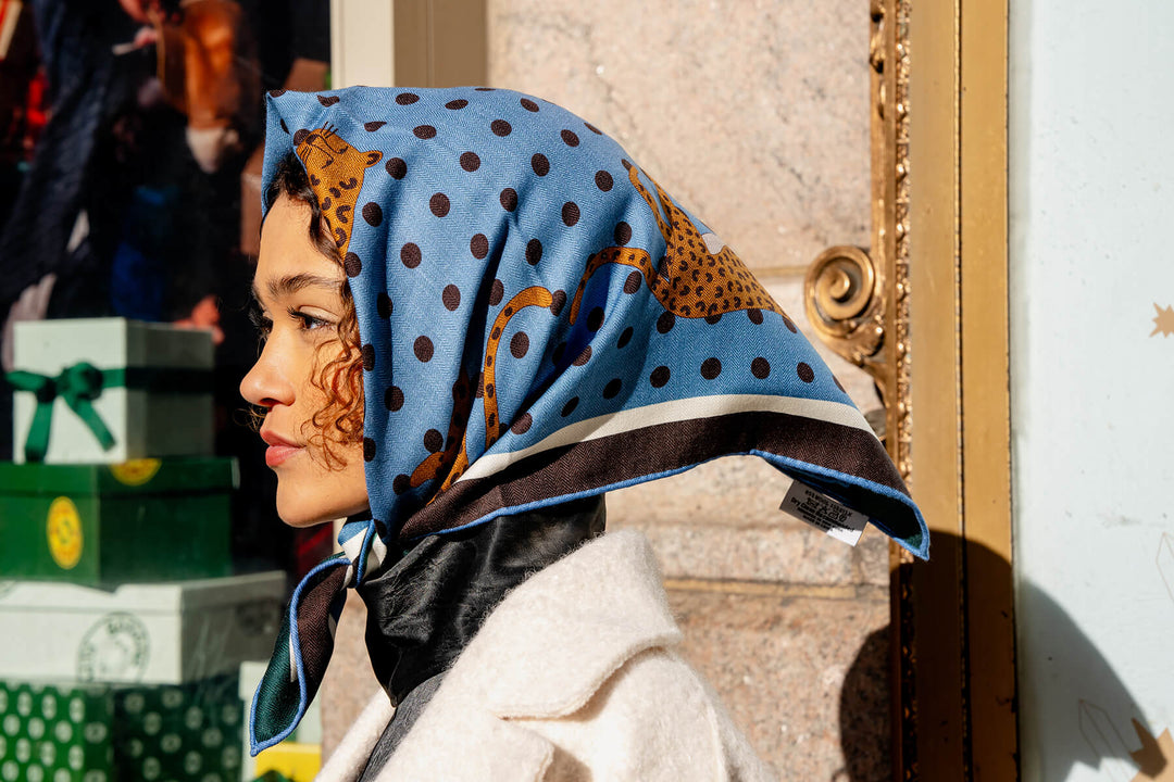 Double Sided Wool Silk Scarf Of Blue Leopards Garden