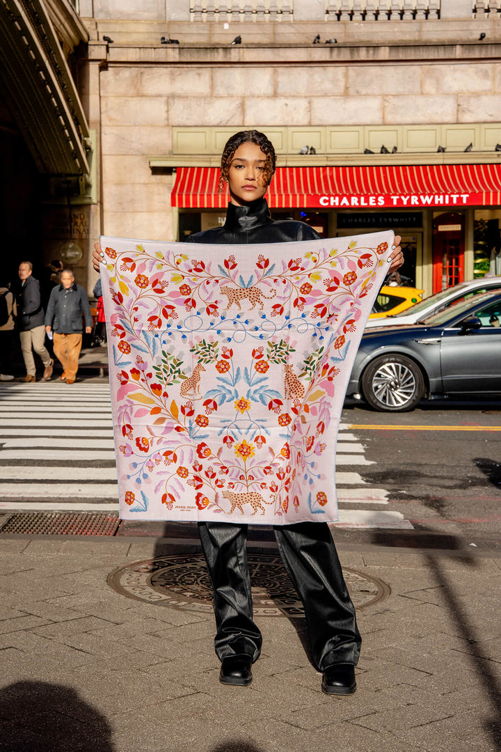 Double Sided Wool Silk Scarf Of Pink Blossom Jungle