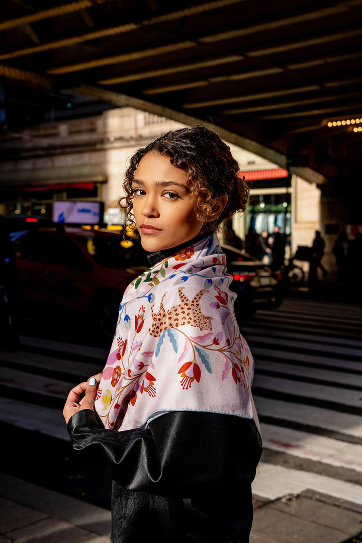 Double Sided Wool Silk Scarf Of Pink Blossom Jungle