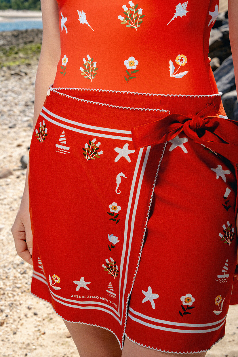 Swim Cover Up Skirt-Red Coral